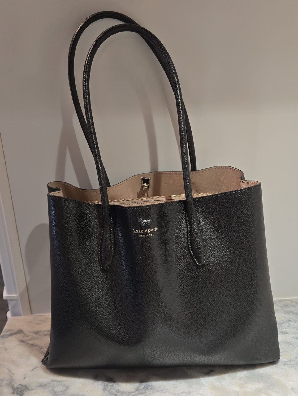 kate spade Black Pebbled Leather Tote with Blush Interior